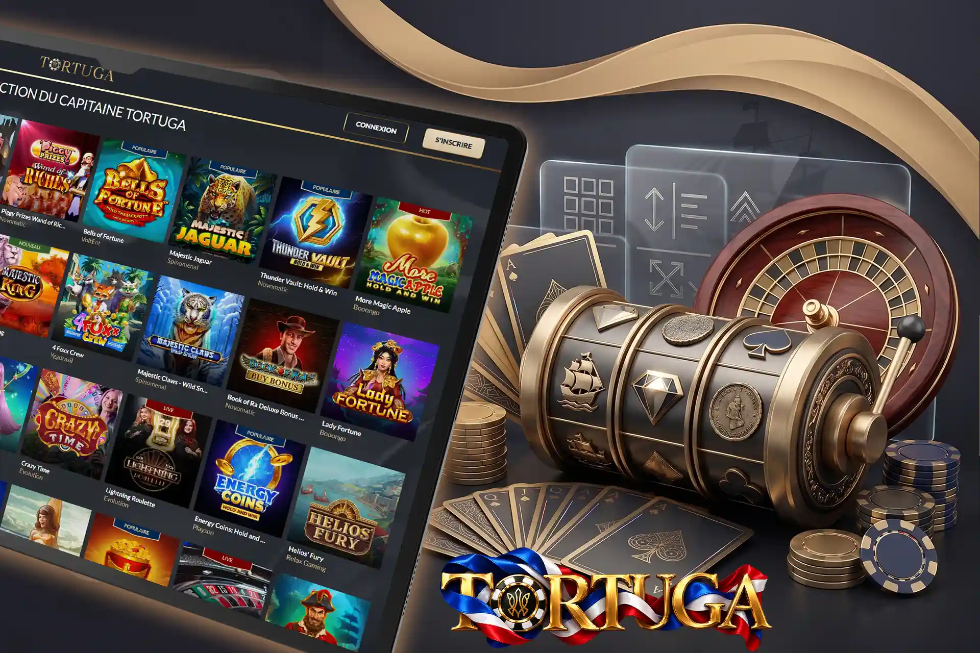 Évaluation de la sélection de jeux et des machines à sous, illustrée par une tablette numérique, une roulette en bois et des cartes à jouer